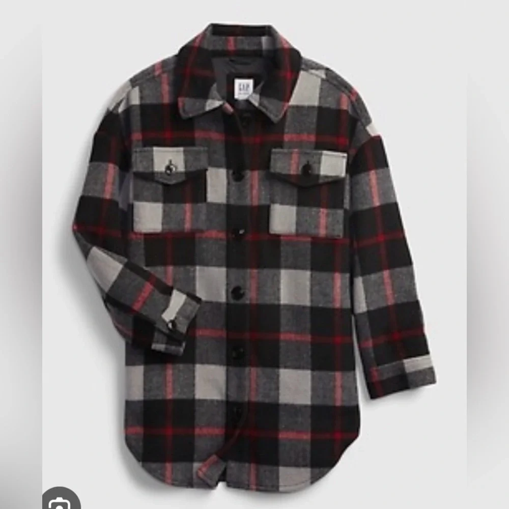 GAP Kids Plaid Shacket Jacket Pockets Button Closure Black Red Gray Size Large